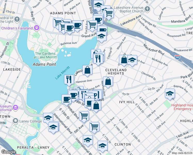 map of restaurants, bars, coffee shops, grocery stores, and more near 361 Hanover Avenue in Oakland