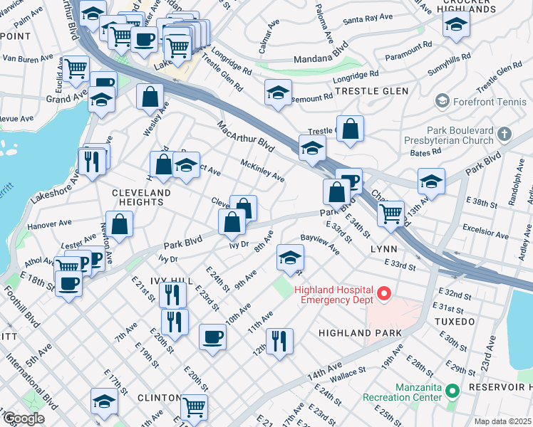 map of restaurants, bars, coffee shops, grocery stores, and more near 1143 McKinley Avenue in Oakland