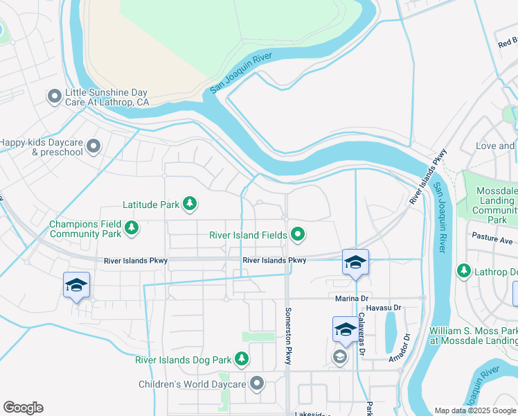 map of restaurants, bars, coffee shops, grocery stores, and more near 1594 Arrowbrook Court in Lathrop