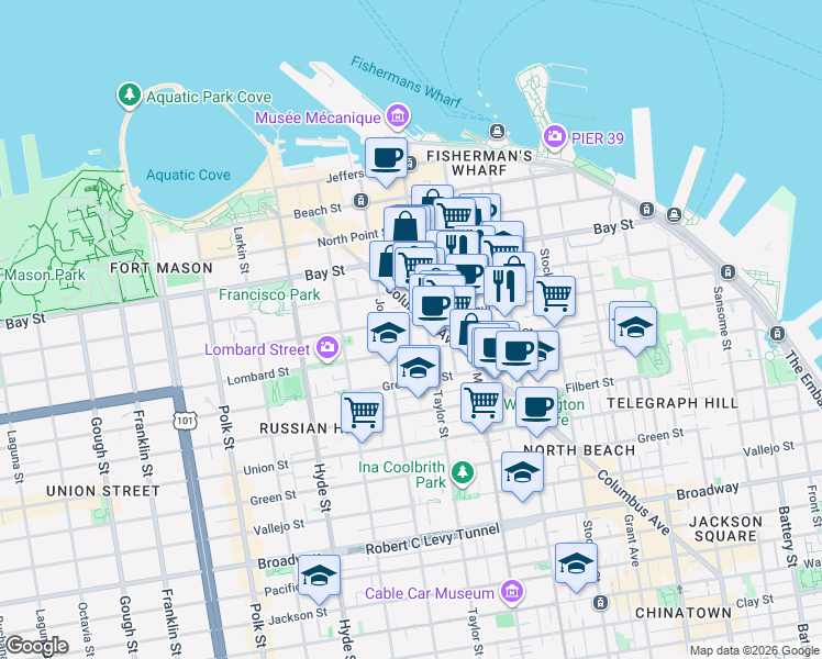 map of restaurants, bars, coffee shops, grocery stores, and more near 733 Chestnut Street in San Francisco