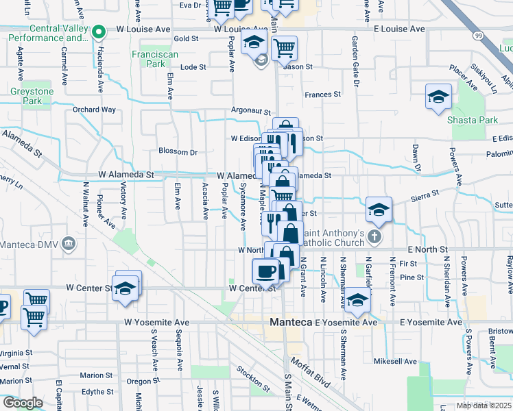 map of restaurants, bars, coffee shops, grocery stores, and more near 411 North Maple Avenue in Manteca