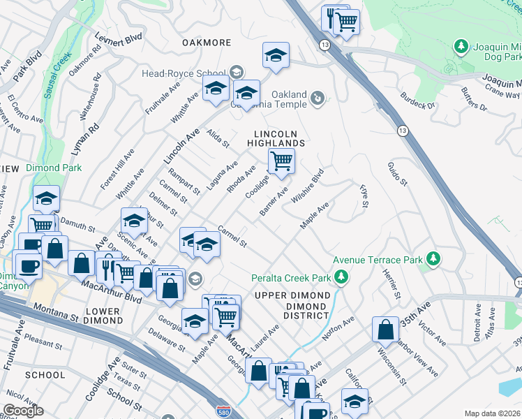 map of restaurants, bars, coffee shops, grocery stores, and more near 4028 Barner Avenue in Oakland