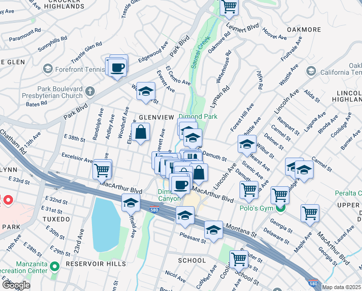 map of restaurants, bars, coffee shops, grocery stores, and more near 3769 Dimond Avenue in Oakland