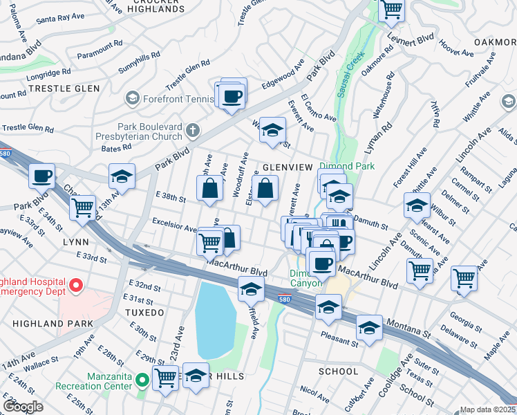 map of restaurants, bars, coffee shops, grocery stores, and more near 3821 La Cresta Avenue in Oakland