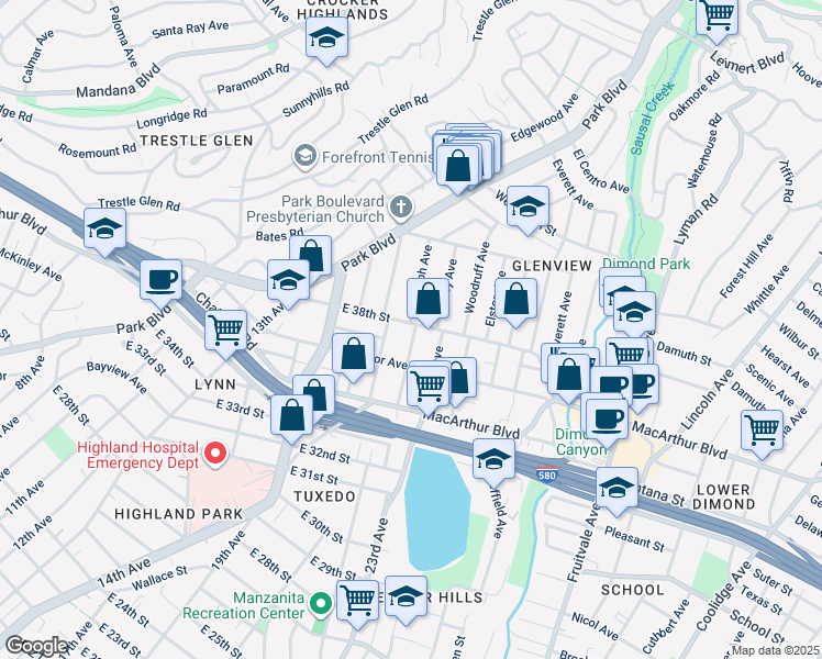 map of restaurants, bars, coffee shops, grocery stores, and more near 3745 Randolph Avenue in Oakland