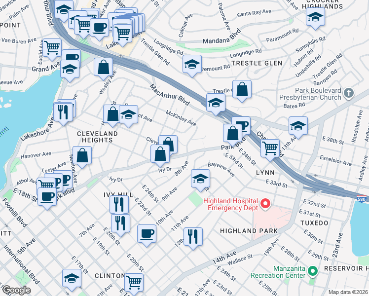 map of restaurants, bars, coffee shops, grocery stores, and more near 2819 Park Boulevard in Oakland