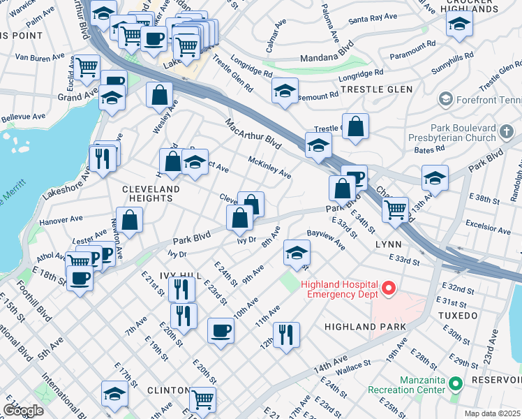 map of restaurants, bars, coffee shops, grocery stores, and more near 2819 Park Boulevard in Oakland