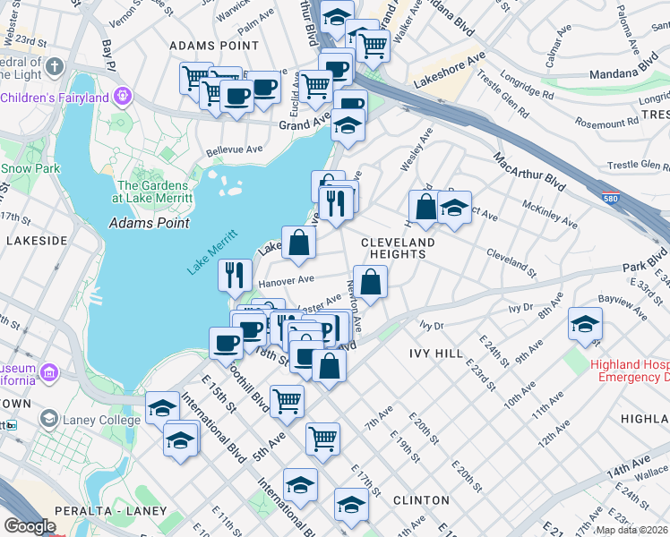 map of restaurants, bars, coffee shops, grocery stores, and more near 357 Hanover Avenue in Oakland