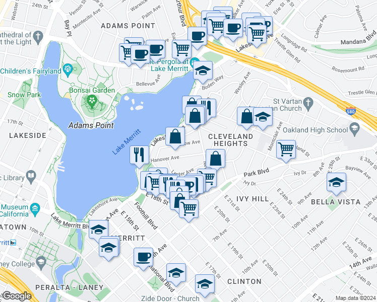 map of restaurants, bars, coffee shops, grocery stores, and more near 357 Hanover Avenue in Oakland