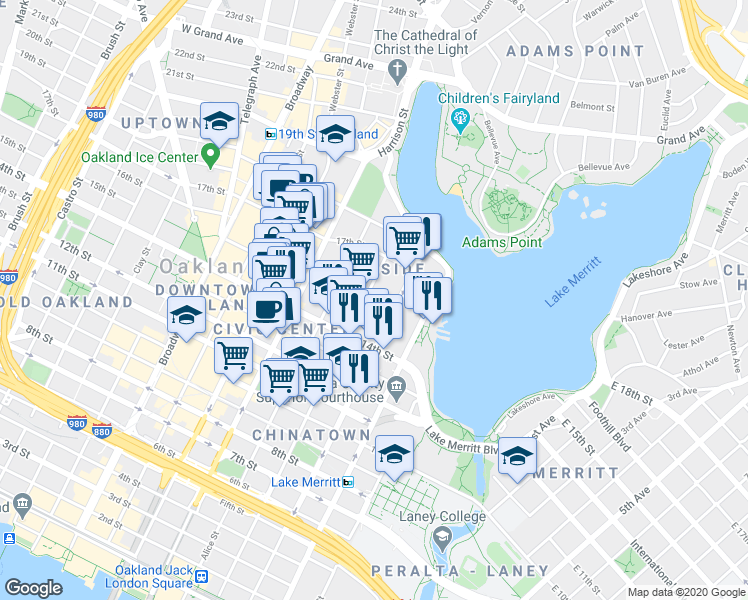 map of restaurants, bars, coffee shops, grocery stores, and more near 1551 Madison Street in Oakland