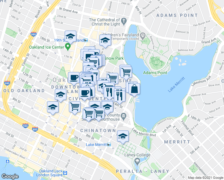 map of restaurants, bars, coffee shops, grocery stores, and more near 1505 Jackson Street in Oakland