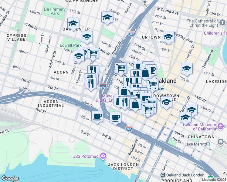 map of restaurants, bars, coffee shops, grocery stores, and more near in Oakland
