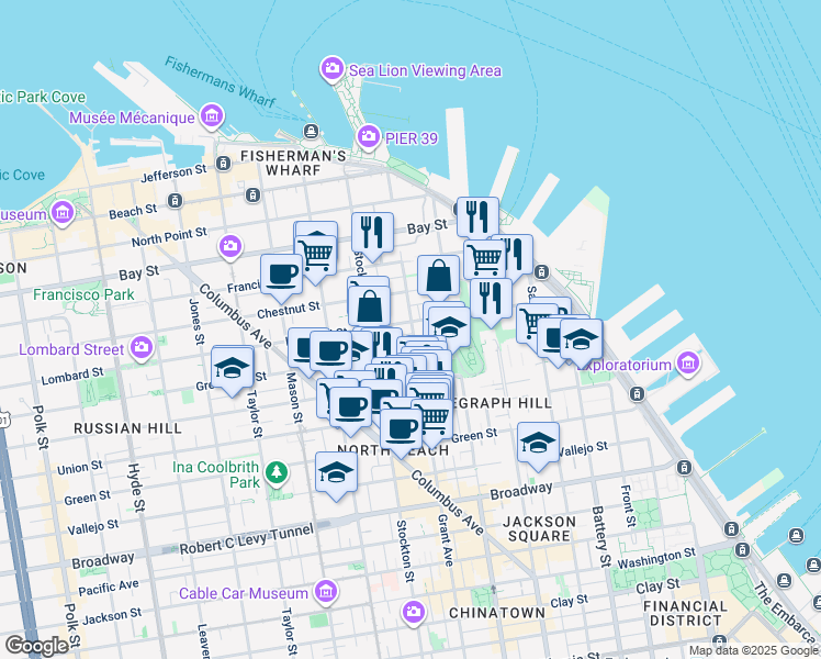 map of restaurants, bars, coffee shops, grocery stores, and more near 425 Greenwich Street in San Francisco