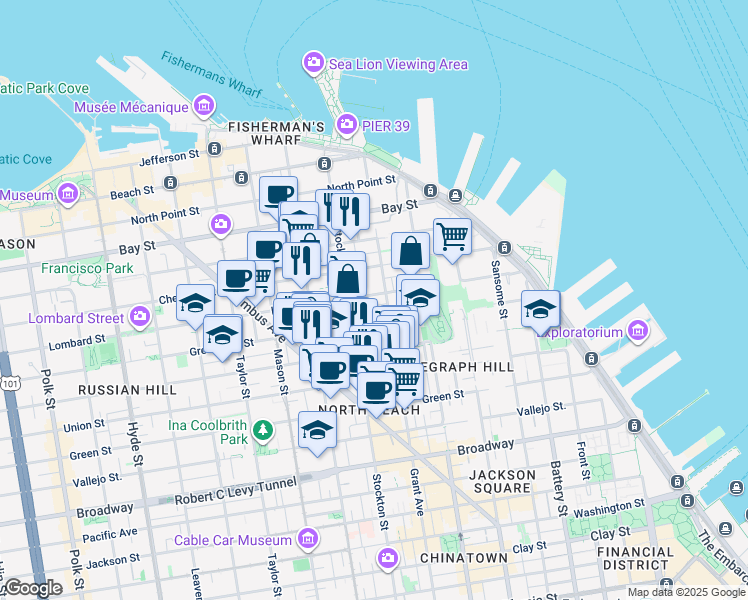 map of restaurants, bars, coffee shops, grocery stores, and more near 463 Lombard Street in San Francisco
