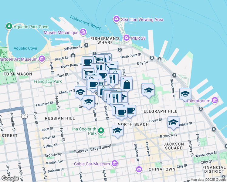 map of restaurants, bars, coffee shops, grocery stores, and more near 640 Lombard Street in San Francisco
