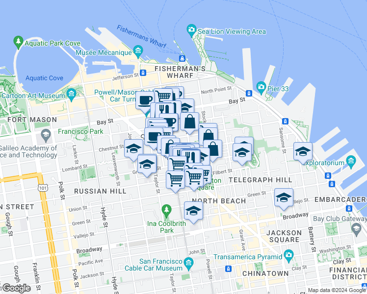 map of restaurants, bars, coffee shops, grocery stores, and more near 640 Lombard Street in San Francisco