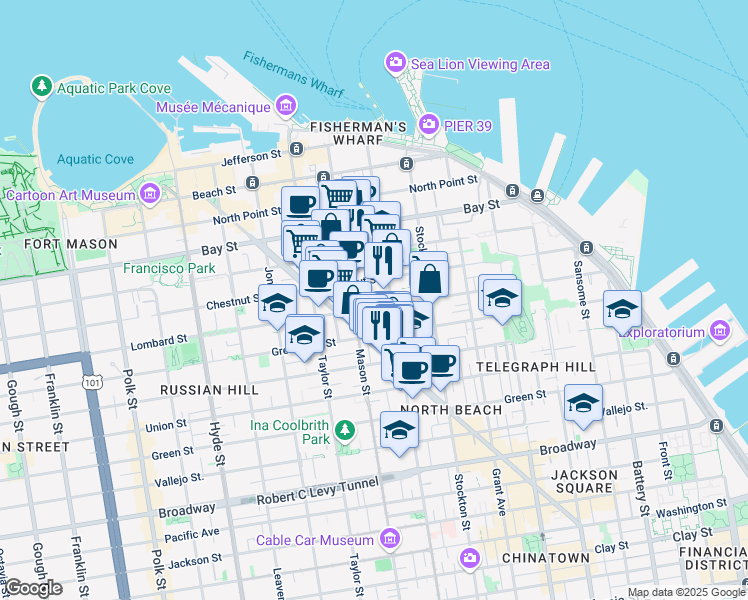 map of restaurants, bars, coffee shops, grocery stores, and more near 640 Lombard Street in San Francisco