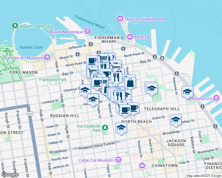 map of restaurants, bars, coffee shops, grocery stores, and more near 640 Lombard Street in San Francisco