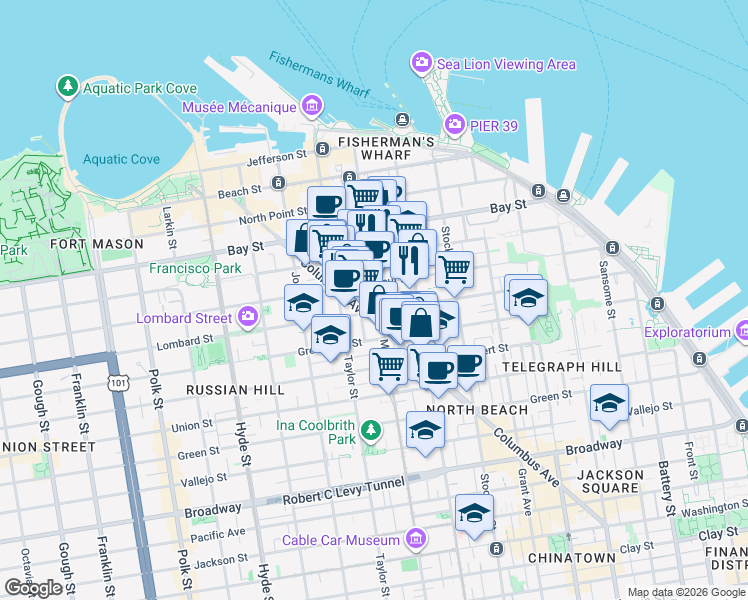 map of restaurants, bars, coffee shops, grocery stores, and more near in San Francisco