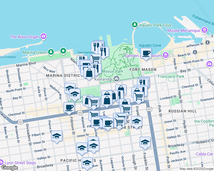 map of restaurants, bars, coffee shops, grocery stores, and more near 3321 Octavia Street in San Francisco