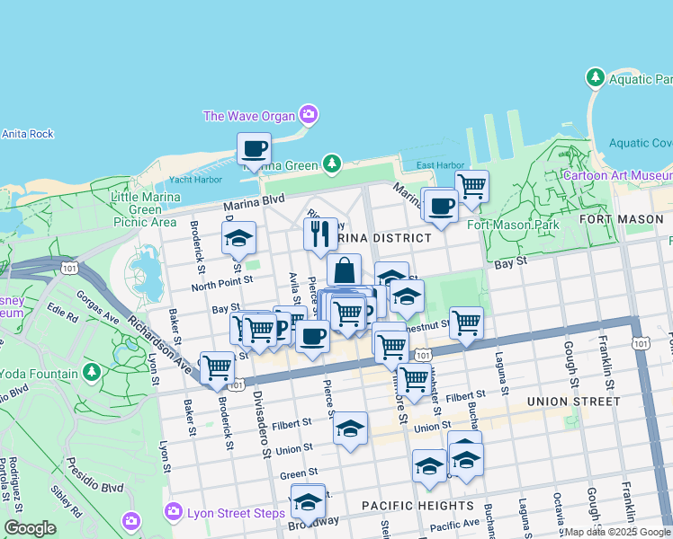 map of restaurants, bars, coffee shops, grocery stores, and more near 10 Capra Way in San Francisco