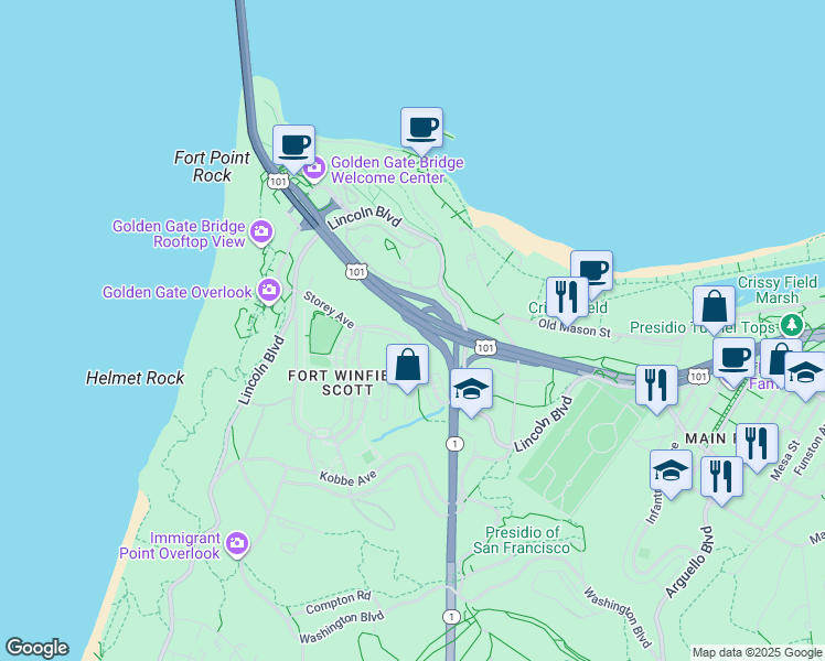 map of restaurants, bars, coffee shops, grocery stores, and more near Doyle Drive in San Francisco