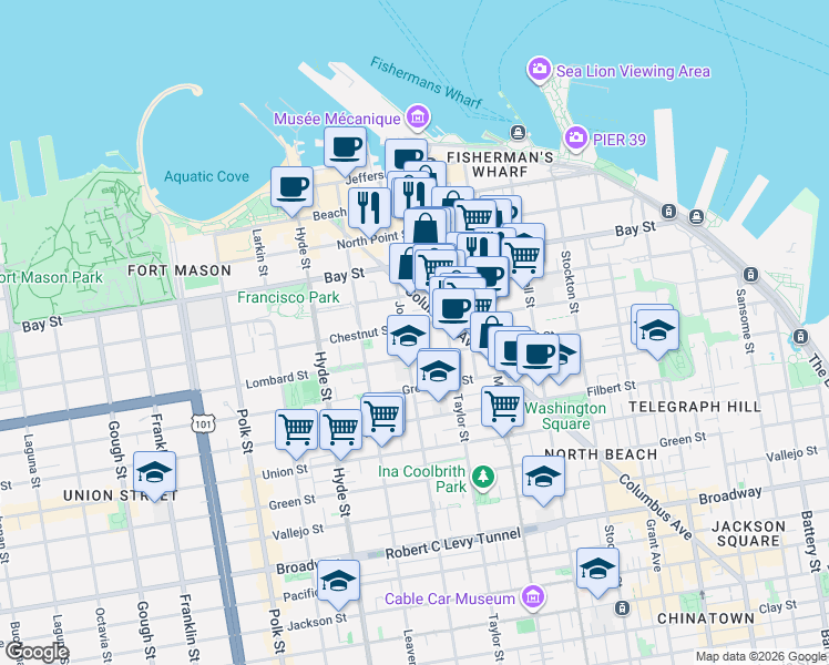 map of restaurants, bars, coffee shops, grocery stores, and more near 779 Chestnut Street in San Francisco
