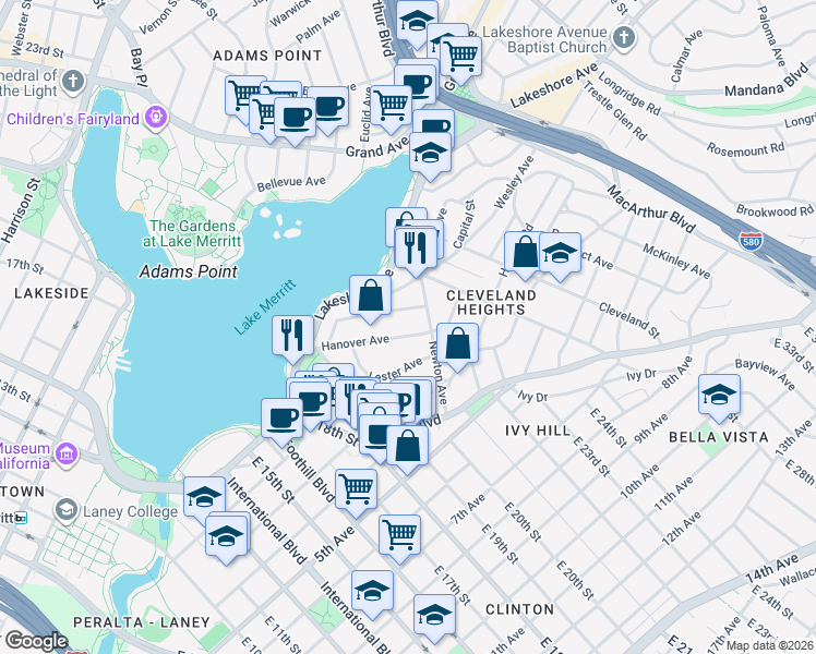 map of restaurants, bars, coffee shops, grocery stores, and more near 361 Hanover Avenue in Oakland
