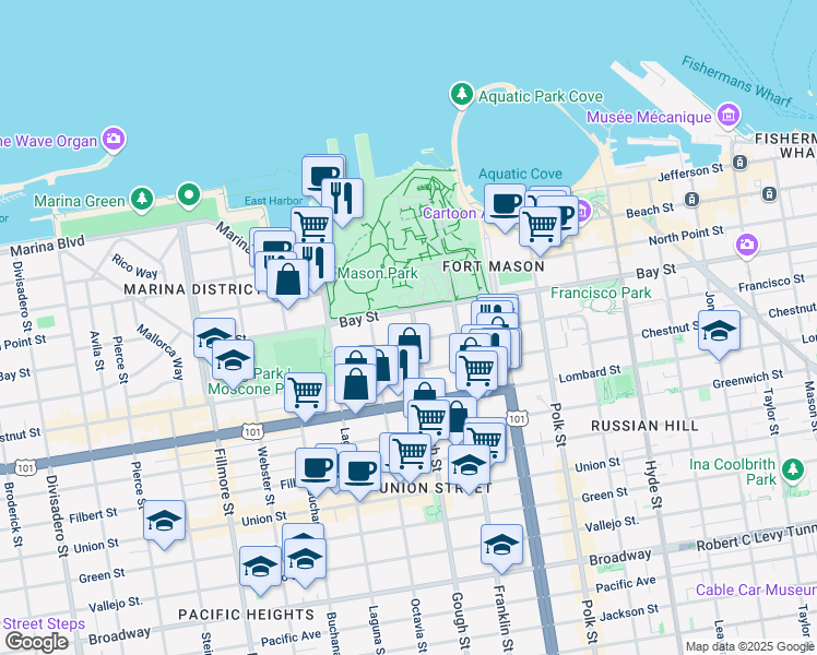 map of restaurants, bars, coffee shops, grocery stores, and more near 3219 Gough Street in San Francisco