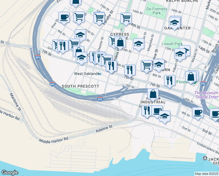 map of restaurants, bars, coffee shops, grocery stores, and more near 1357 5th Street in Oakland