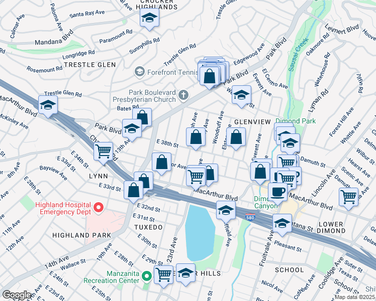 map of restaurants, bars, coffee shops, grocery stores, and more near 1539 East 38th Street in Oakland