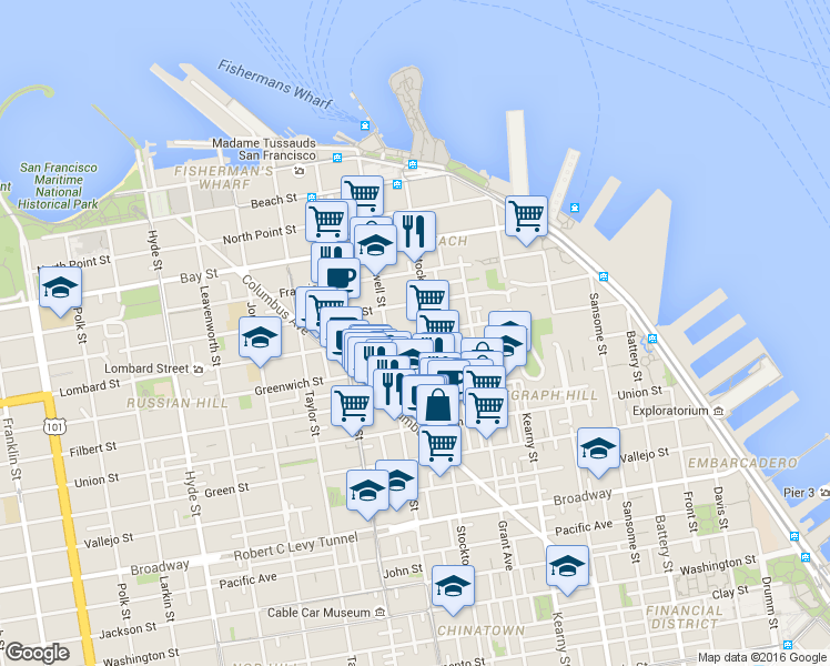 map of restaurants, bars, coffee shops, grocery stores, and more near Lombard St & Tuscany Alley in San Francisco