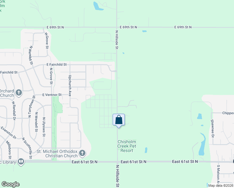 map of restaurants, bars, coffee shops, grocery stores, and more near 6602 North Hillside Street in Wichita