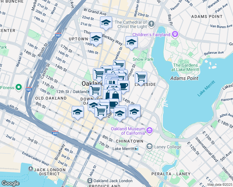 map of restaurants, bars, coffee shops, grocery stores, and more near 1445 Harrison Street in Oakland