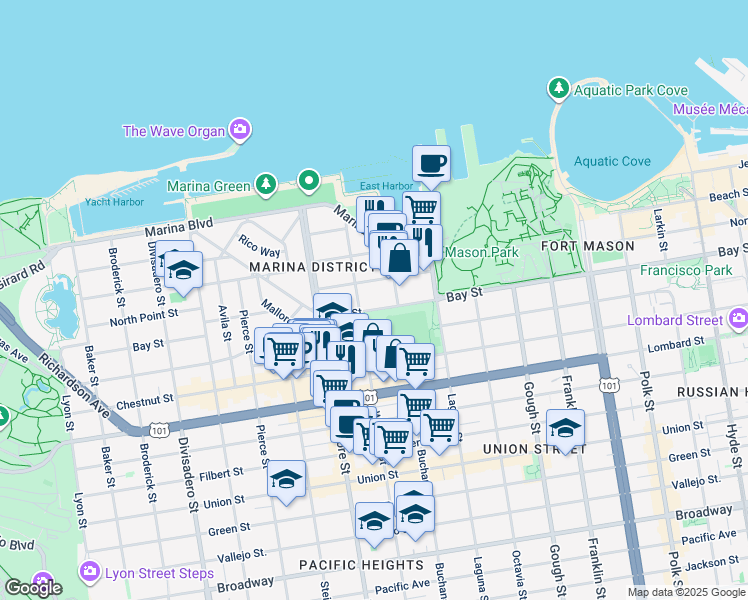 map of restaurants, bars, coffee shops, grocery stores, and more near 1660 Bay Street in San Francisco
