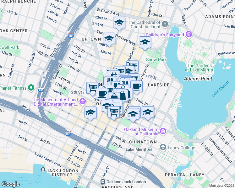 map of restaurants, bars, coffee shops, grocery stores, and more near 1314 Franklin Street in Oakland