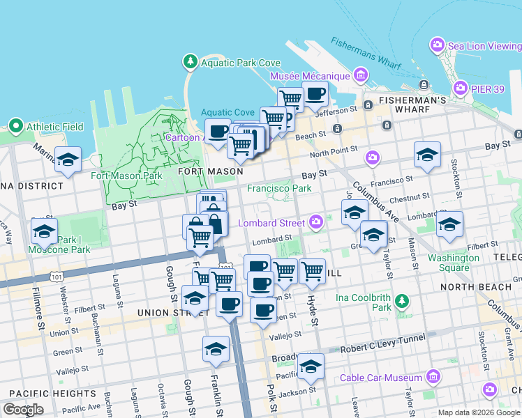 map of restaurants, bars, coffee shops, grocery stores, and more near 131 Culebra Terrace in San Francisco