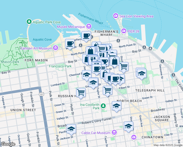 map of restaurants, bars, coffee shops, grocery stores, and more near 733 Chestnut Street in San Francisco