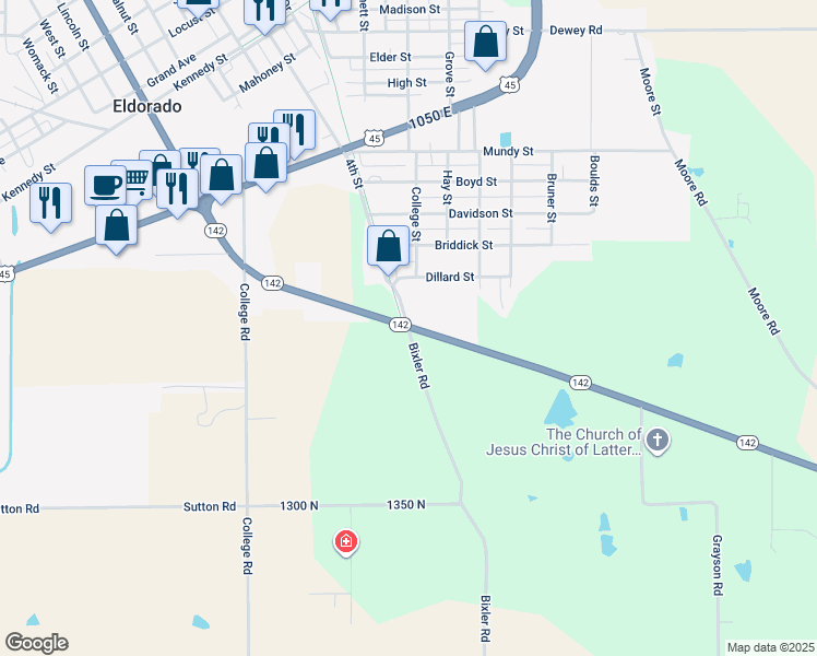 map of restaurants, bars, coffee shops, grocery stores, and more near 1 Bixler Road in Eldorado