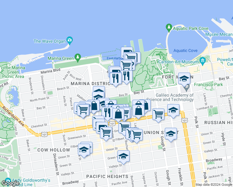 map of restaurants, bars, coffee shops, grocery stores, and more near 3615 Buchanan Street in San Francisco