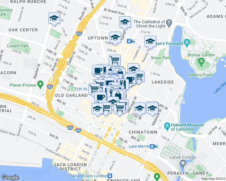 map of restaurants, bars, coffee shops, grocery stores, and more near in Oakland