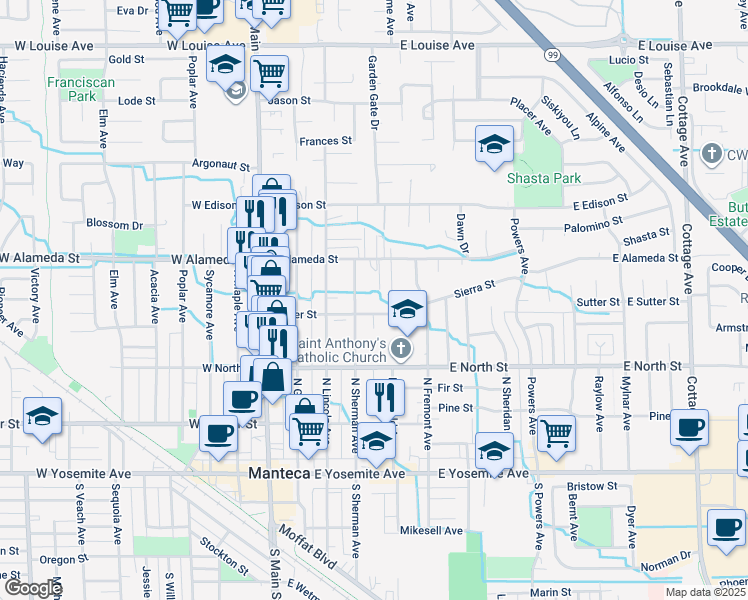 map of restaurants, bars, coffee shops, grocery stores, and more near 417 Sutter Street in Manteca