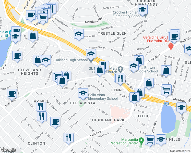 map of restaurants, bars, coffee shops, grocery stores, and more near 1008 East 33rd Street in Oakland