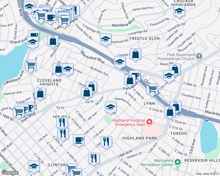 map of restaurants, bars, coffee shops, grocery stores, and more near 2982 Park Boulevard in Oakland