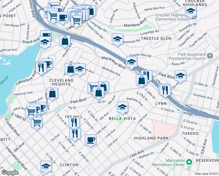map of restaurants, bars, coffee shops, grocery stores, and more near 2819 Park Boulevard in Oakland