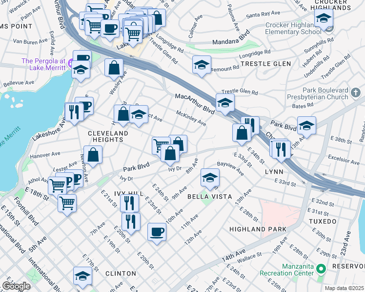 map of restaurants, bars, coffee shops, grocery stores, and more near 2819 Park Boulevard in Oakland