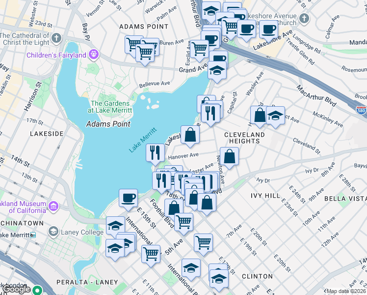 map of restaurants, bars, coffee shops, grocery stores, and more near 315 Hanover Avenue in Oakland
