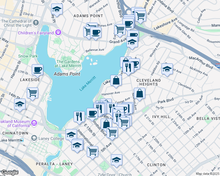 map of restaurants, bars, coffee shops, grocery stores, and more near 321 Wayne Avenue in Oakland
