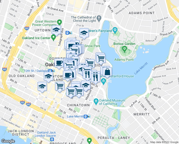 map of restaurants, bars, coffee shops, grocery stores, and more near 1505 Jackson Street in Oakland