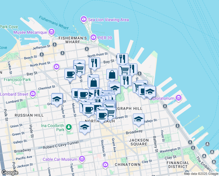 map of restaurants, bars, coffee shops, grocery stores, and more near 425 Greenwich Street in San Francisco